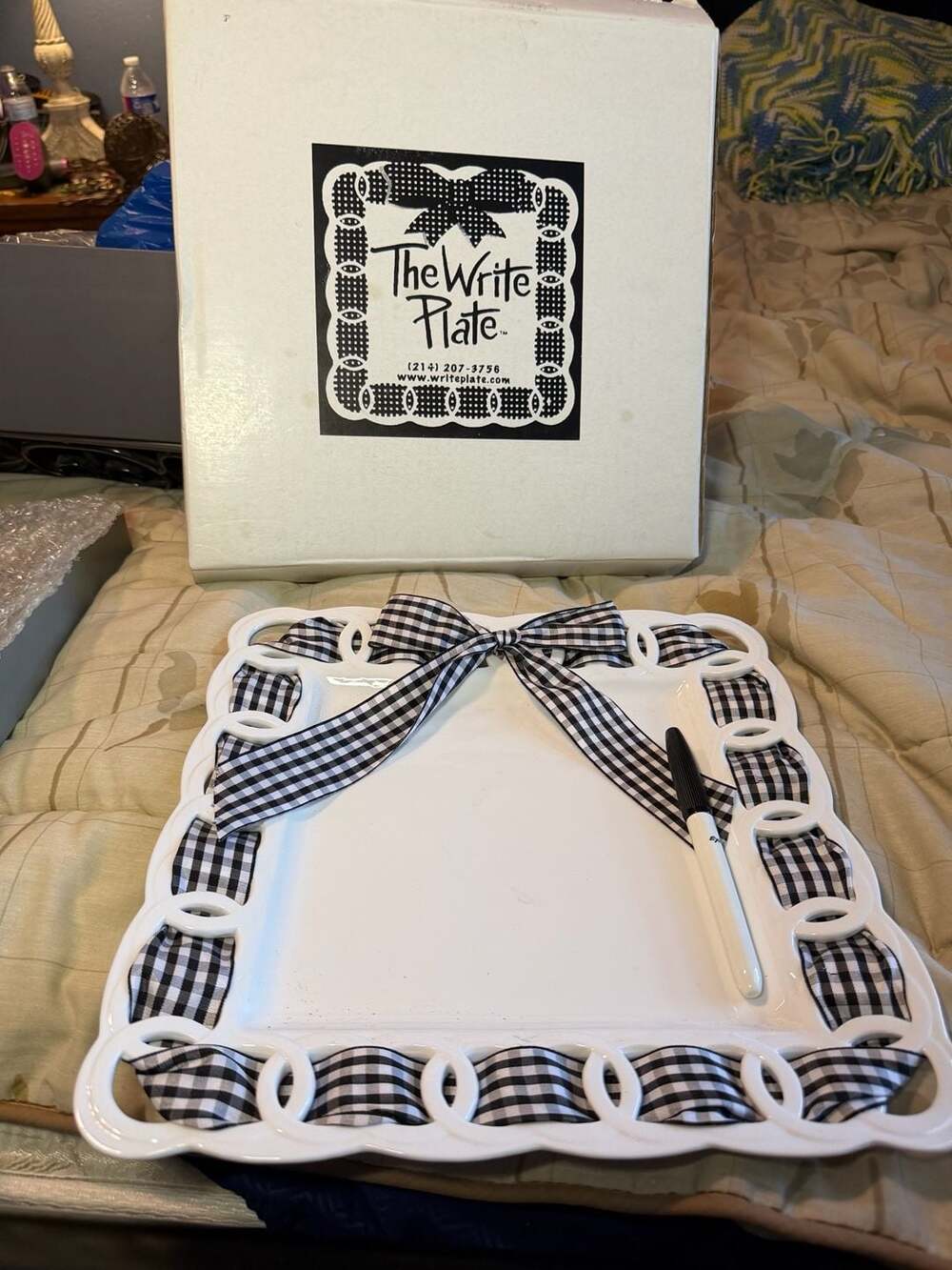 The Write Plate Porcelain Tray Size 12 White Black Gingham Ribbon